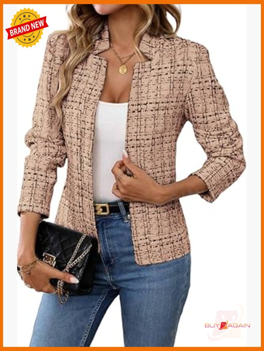 Womens Tweed Open Front Blazer Long Sleeve Notch Collar Fully Lined Casual Work
